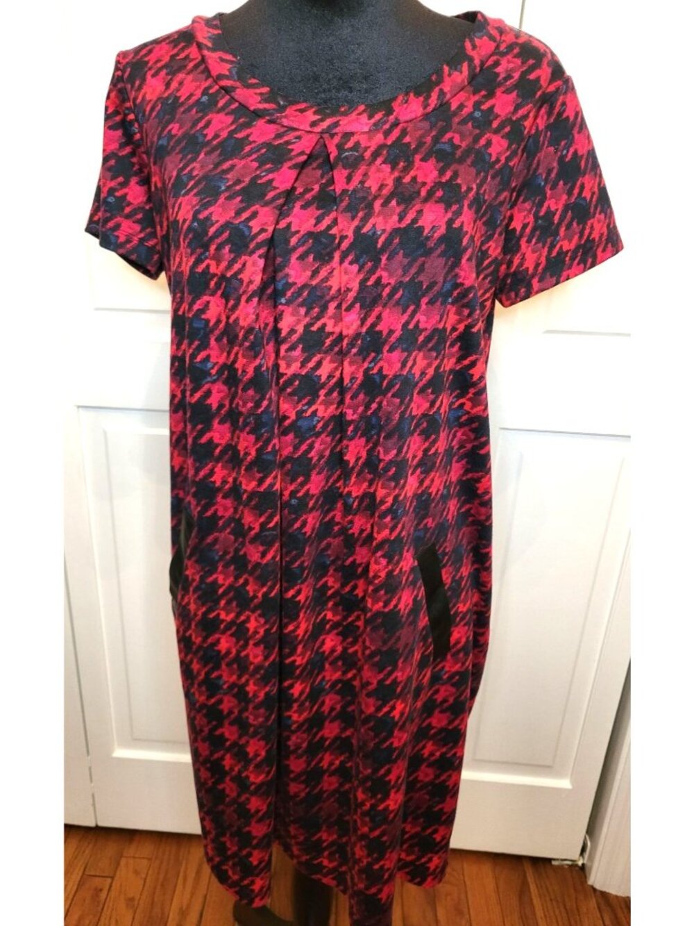 Enfocus Studio Red Black Houndstooth A-Line Dress Pockets 8 Retro Twee Office